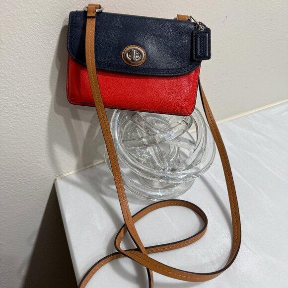Coach Park Dylan Colorblock Wallet Crossbody Navy/Vermillion/Tan Leather Bag - Picture 2 of 9